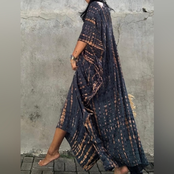 Gray Blue Tie Dye Hippie Kaftan Long Flowy Maxi Dress Loose Boho V Neck Caftan - Picture 3 of 9